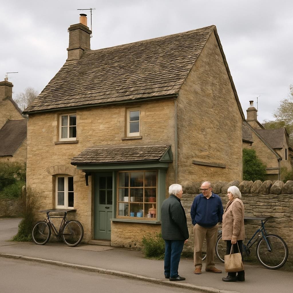 Local villagers chatting outside a small Cotswolds shop and post office