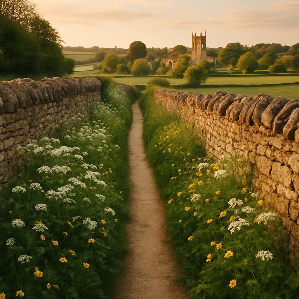 Footpath through Cotswolds fields with stone walls and a church in the distance at sunset