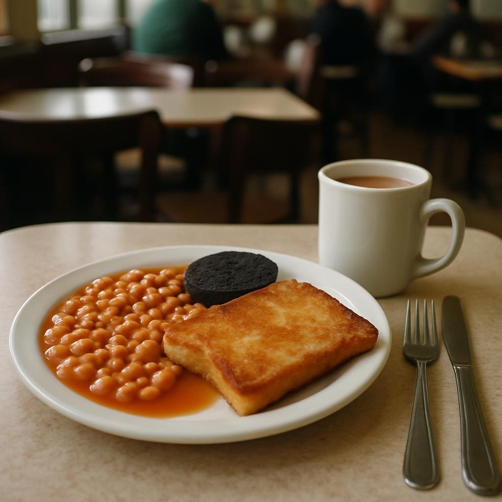 Square image, realistic editorial food photograph of a traditional café table in Northern England, plate with a regional breakfast including grilled black pudding, fried bread, baked beans, and a mug of strong builder’s tea, formica tabletop, metal cutlery, soft window light, slightly busy café background out of focus, no text or logos