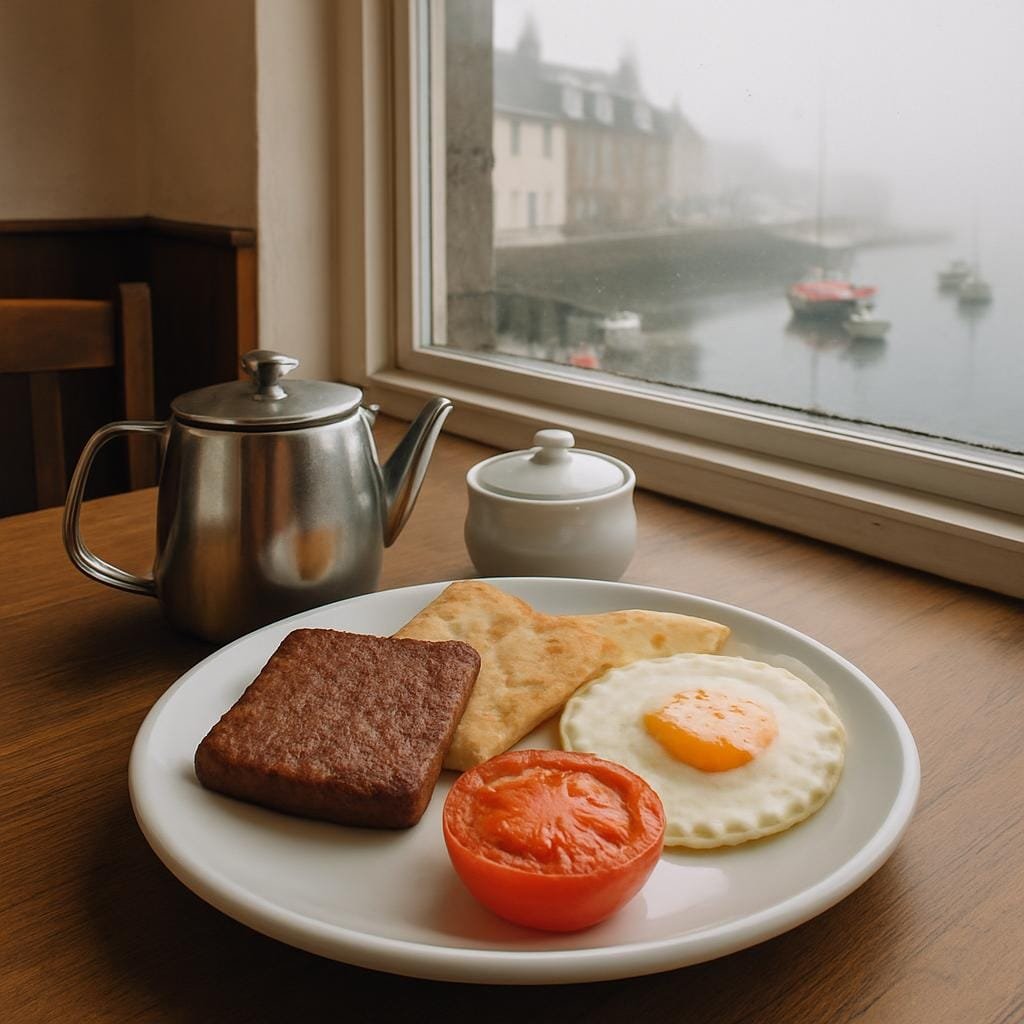 Square image, realistic editorial travel photograph taken in a small Scottish seaside town café, close-up of a plate with tattie scones, Lorne (square) sausage, fried egg and grilled tomato, with a pot of tea and sugar bowl, misty harbour visible through the window in the background, natural morning light, no text or logos