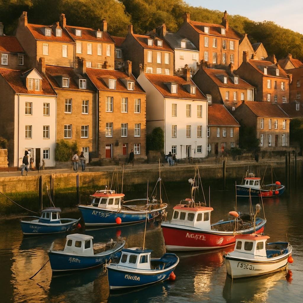 Colourful fishing boats in a Yorkshire harbour beneath a hillside of terraced houses.