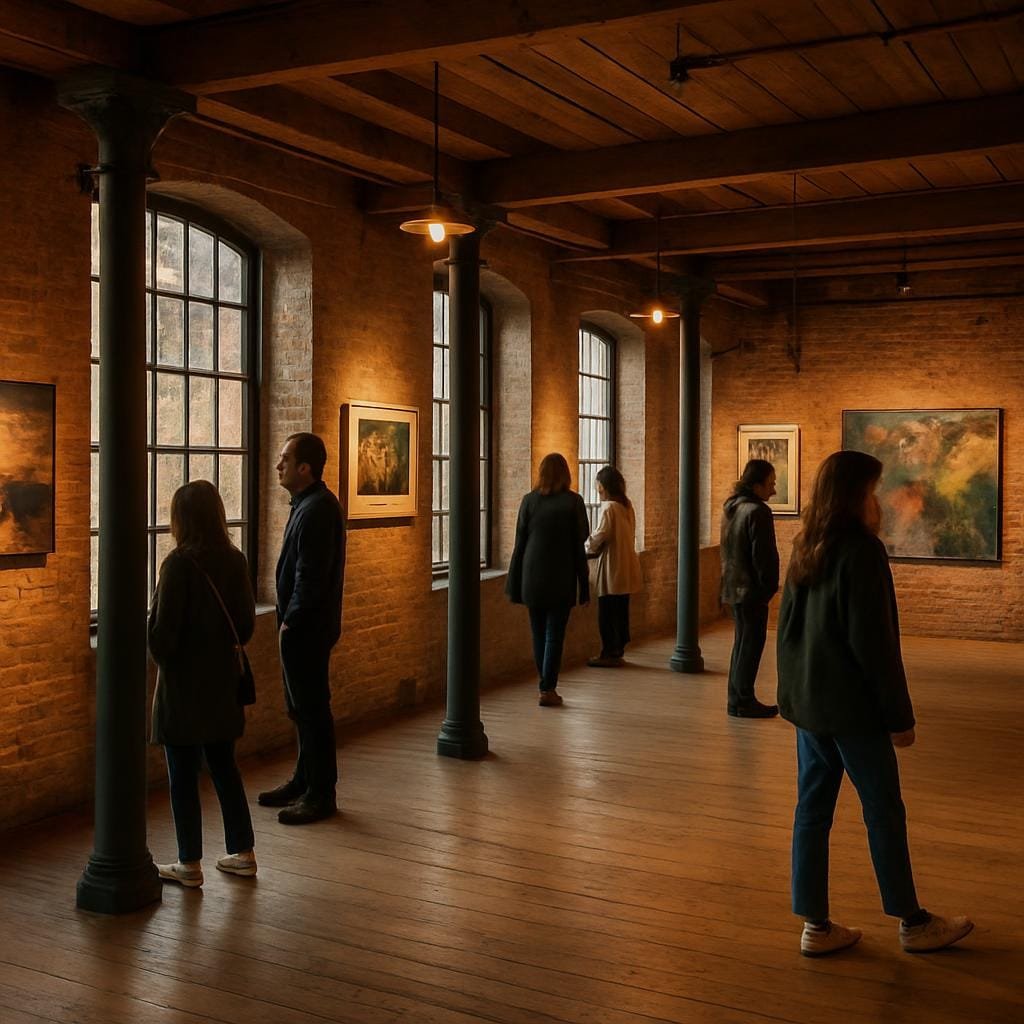 Visitors walking through an art space inside a restored Yorkshire mill.
