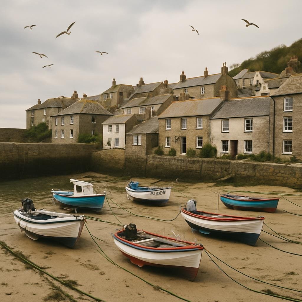Boats resting on the sand in a Cornish fishing village harbour at low tide