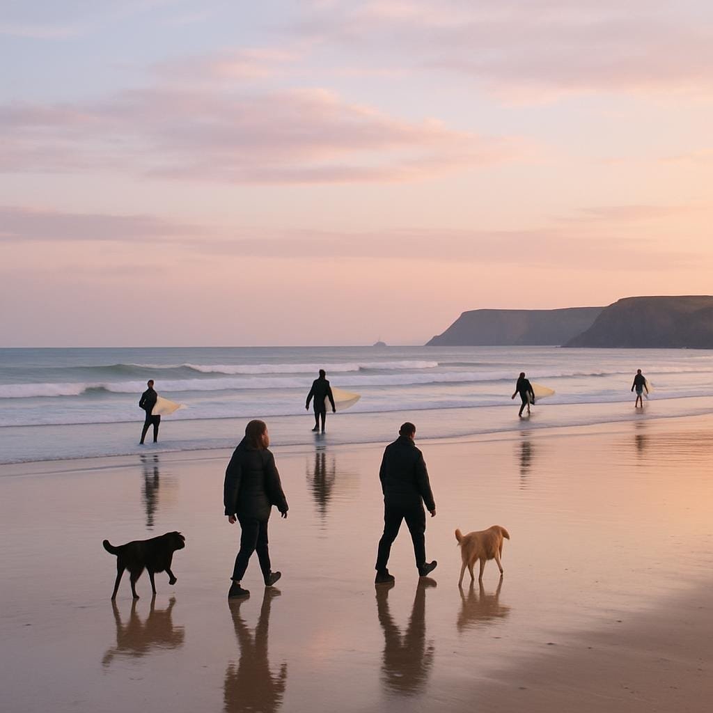 Surfers and dog walkers crossing a wide Cornish beach at dusk