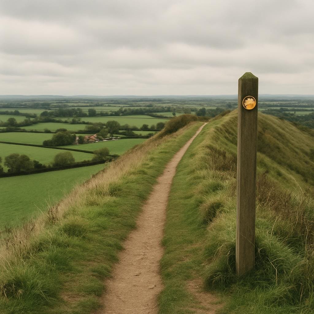 Countryside footpath along a ridge overlooking green English fields