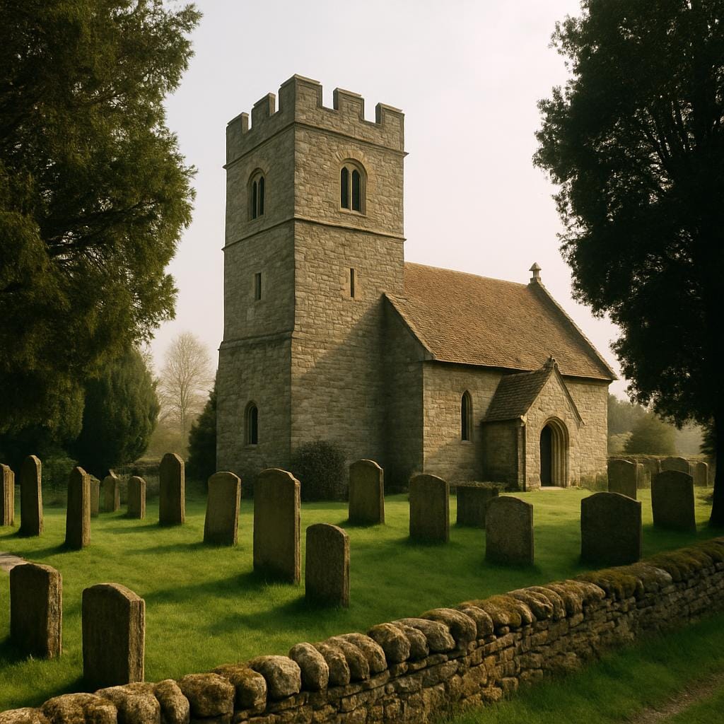 Old village church tower and gravestones surrounded by trees in rural England