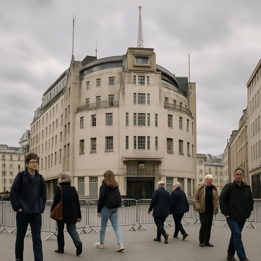 Square editorial travel image of the exterior of a classic BBC-style TV studio building in London, visitors walking past, a mix of older and younger people, subtle security barriers, grey sky, realistic colors, candid street-photography feel, no text, no logos, no watermarks