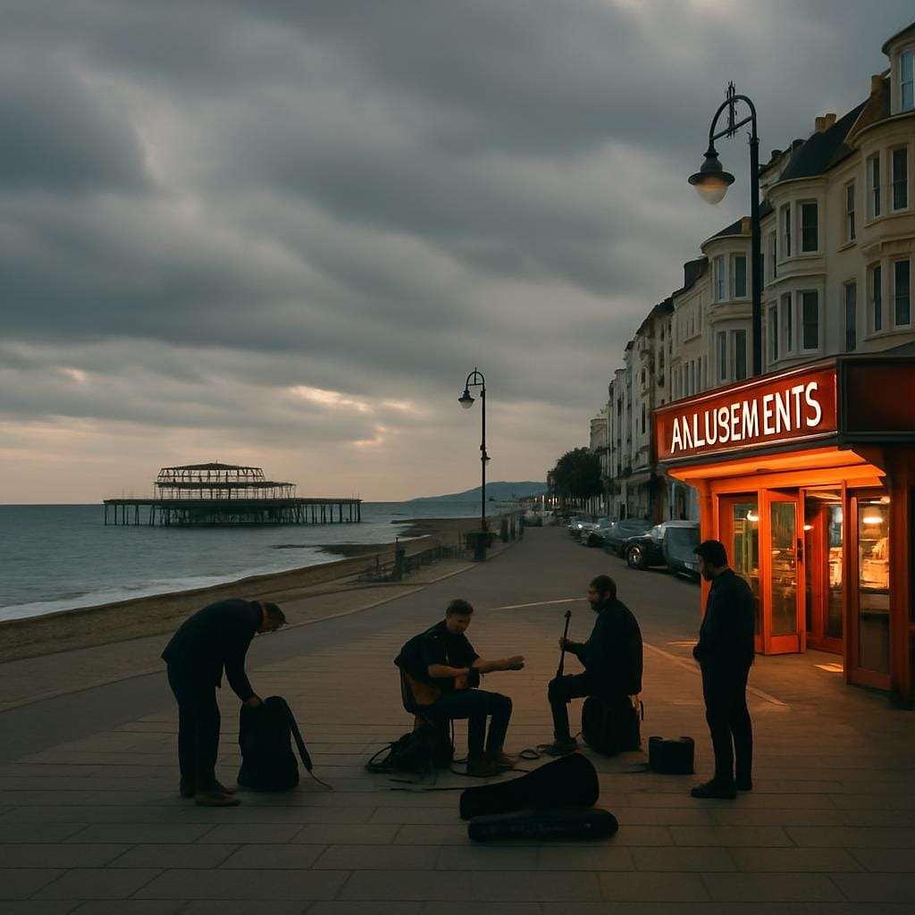 Square editorial travel image of a coastal British town promenade with an old pier in the background, small amusement arcade lights coming on, a busker or small band setting up on the seafront, moody clouds, soft evening light, realistic documentary style, no text, no logos, no watermarks