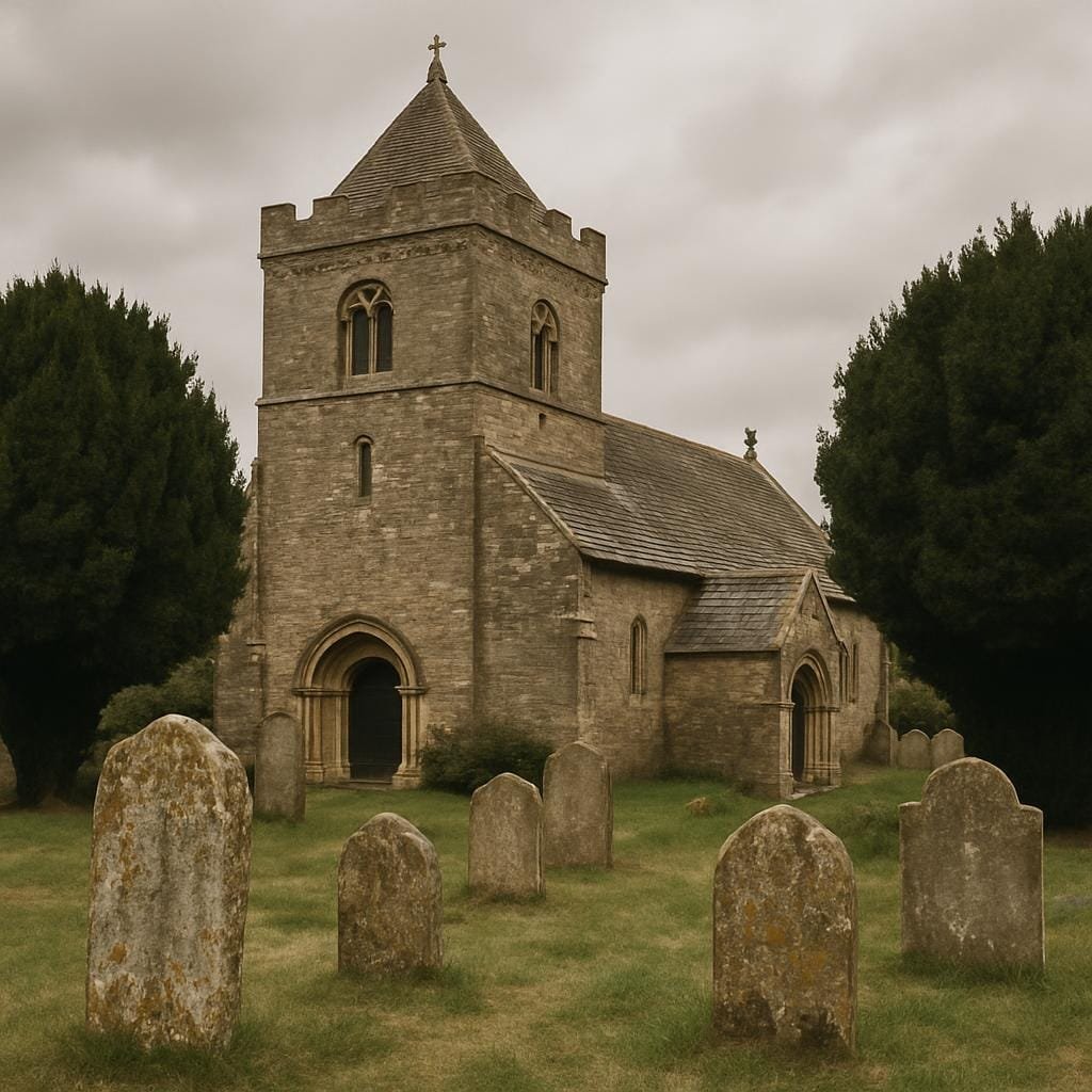Old Norman village church with stone tower and gravestones in a quiet churchyard