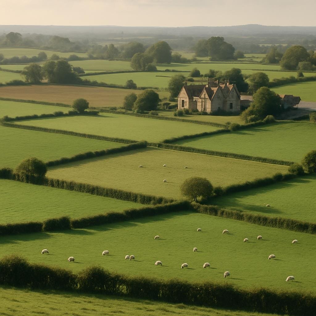 Patchwork of English fields and hedgerows with a historic farm in the distance