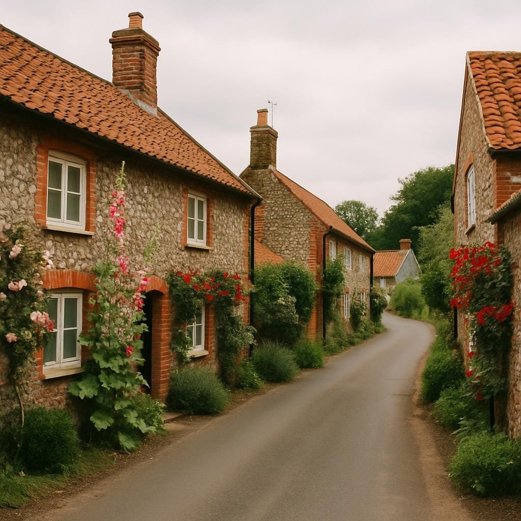 Flint cottages and flowers lining a narrow village lane in Norfolk