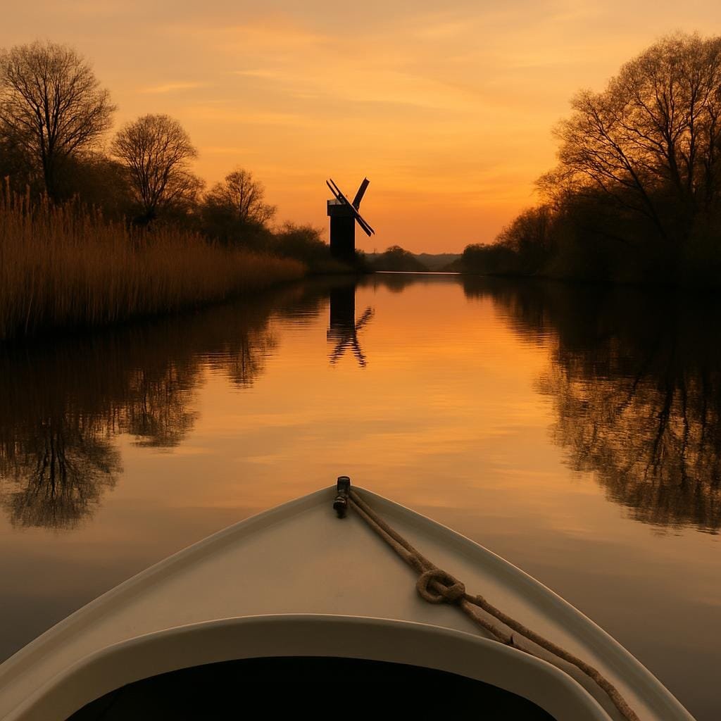 Calm Norfolk Broads river at sunset with reeds and a distant windmill