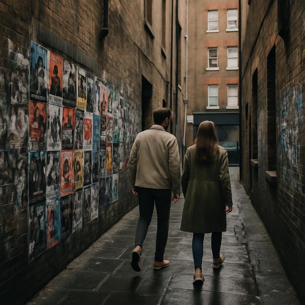 Narrow Soho alley with brick walls covered in music posters and graffiti