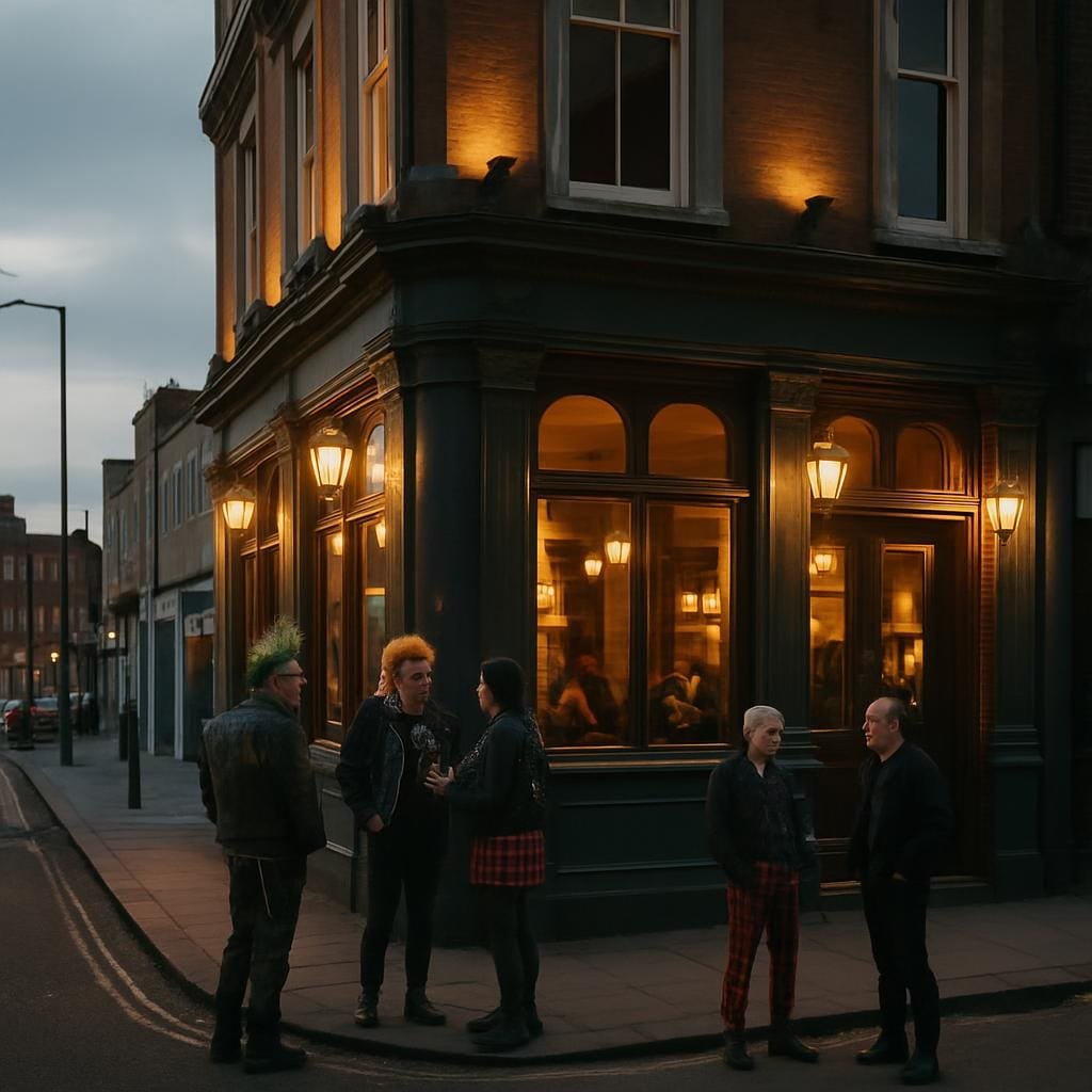 Camden pub at dusk with people in punk-style clothing outside