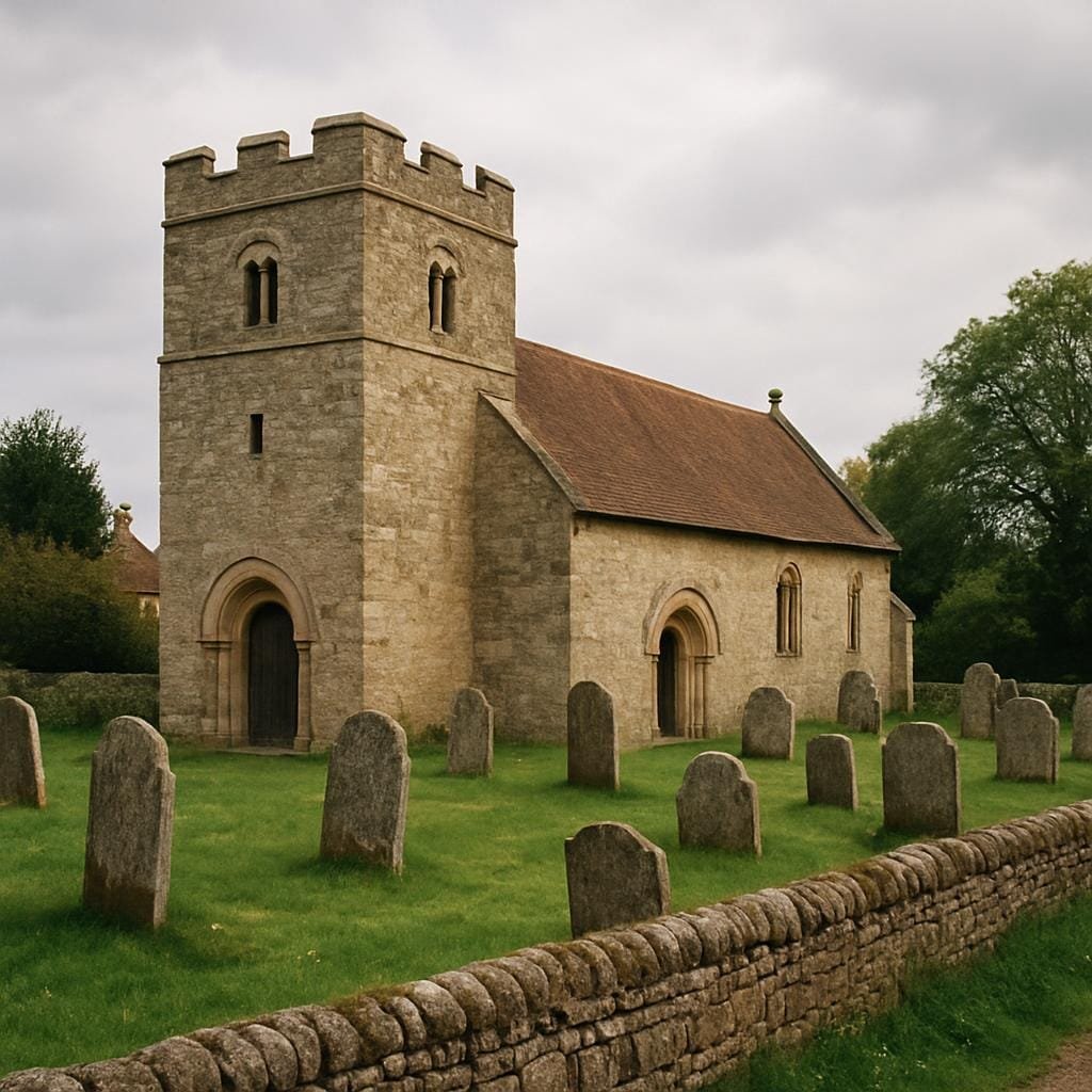 Norman stone village church surrounded by an old graveyard and green grass