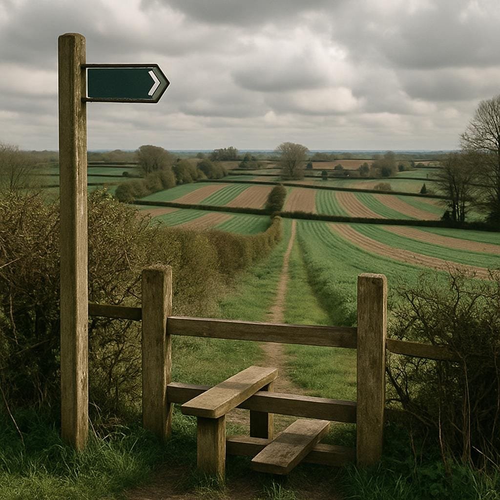 Narrow farm fields and hedgerows with a wooden stile on an English country footpath
