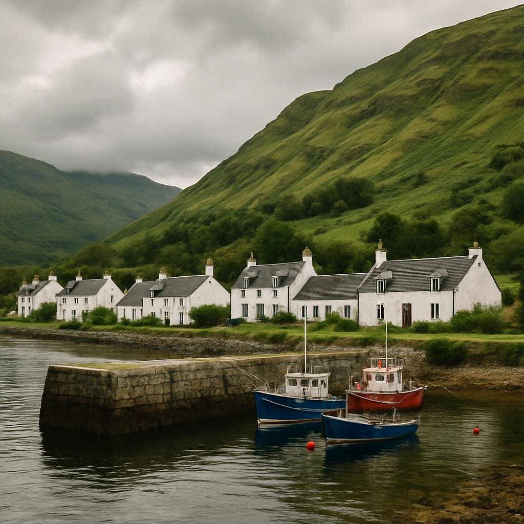 Lochside Highland village with white cottages and boats by the water
