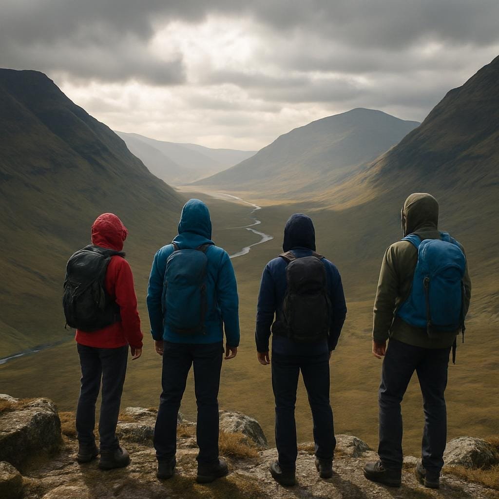 Hikers on a rocky viewpoint looking over a wide Scottish Highland valley