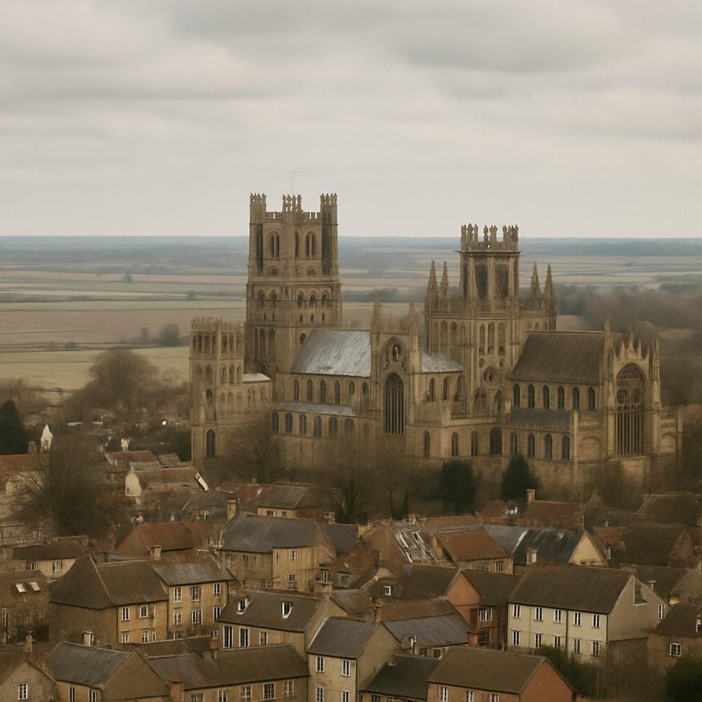 Ely Cathedral towering over the town and surrounding fen landscape