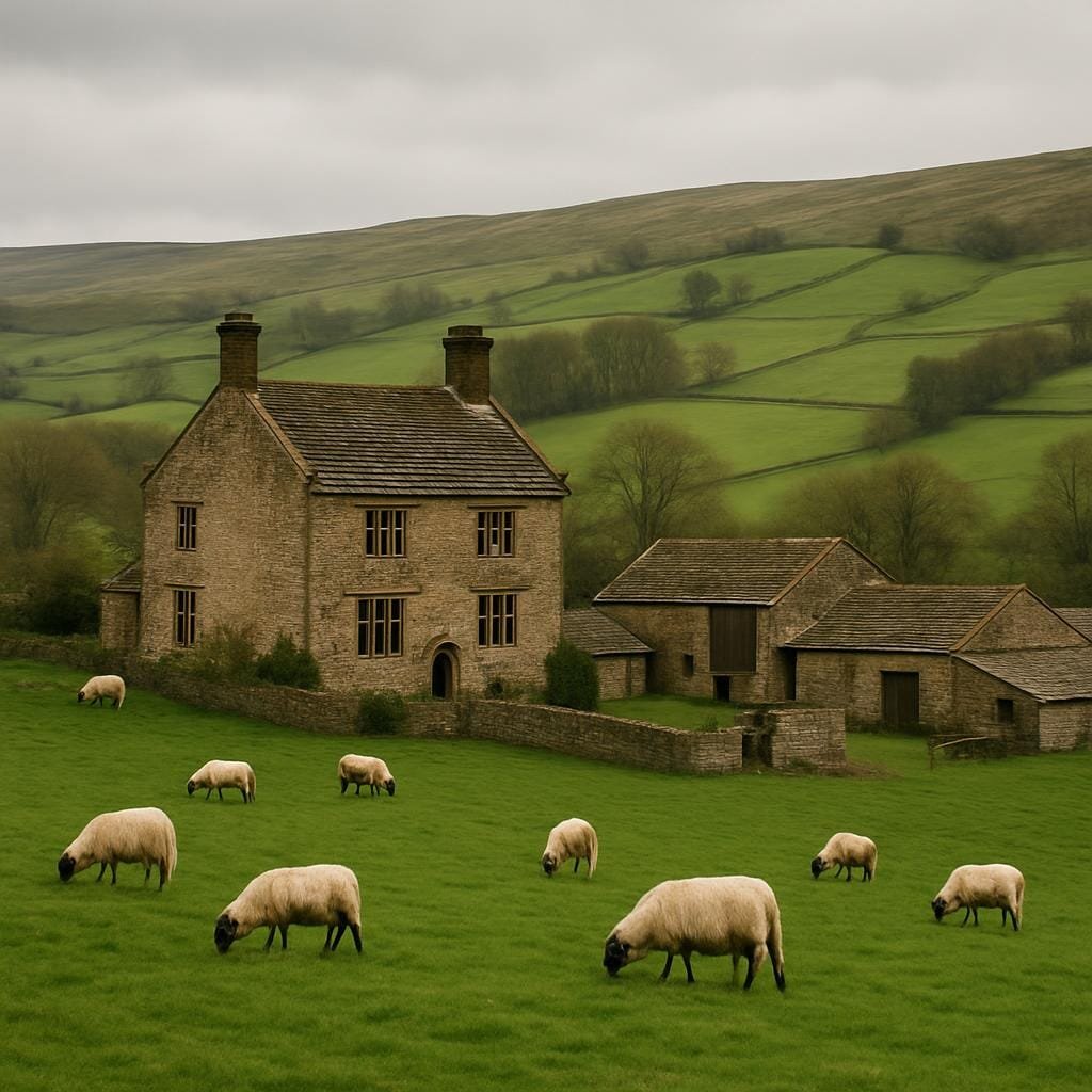 Historic stone manor and farm in the Yorkshire countryside with grazing sheep