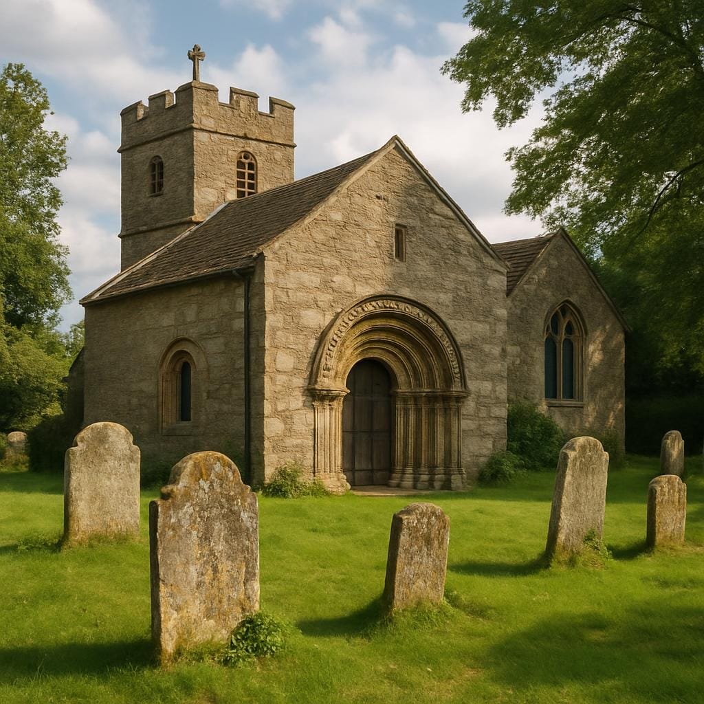 Norman village church with worn stone doorway and gravestones in a green churchyard