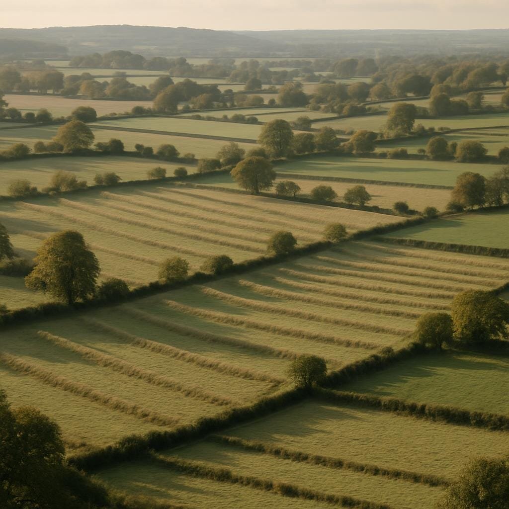 Patchwork of fields and hedgerows in the English countryside seen from a hillside
