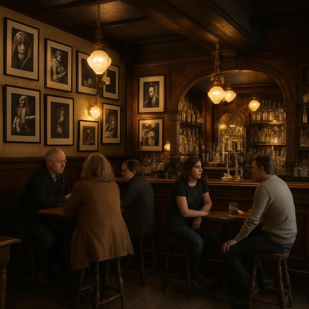 People chatting inside a traditional pub decorated with vintage rock photos