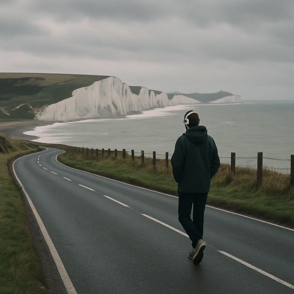 Person walking along a coastal road near Brighton with cliffs in the distance