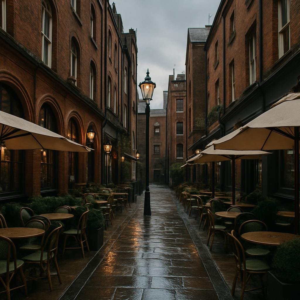 Pedestrian alleyway off Regent Street with brick buildings and restaurant tables on Heddon Street