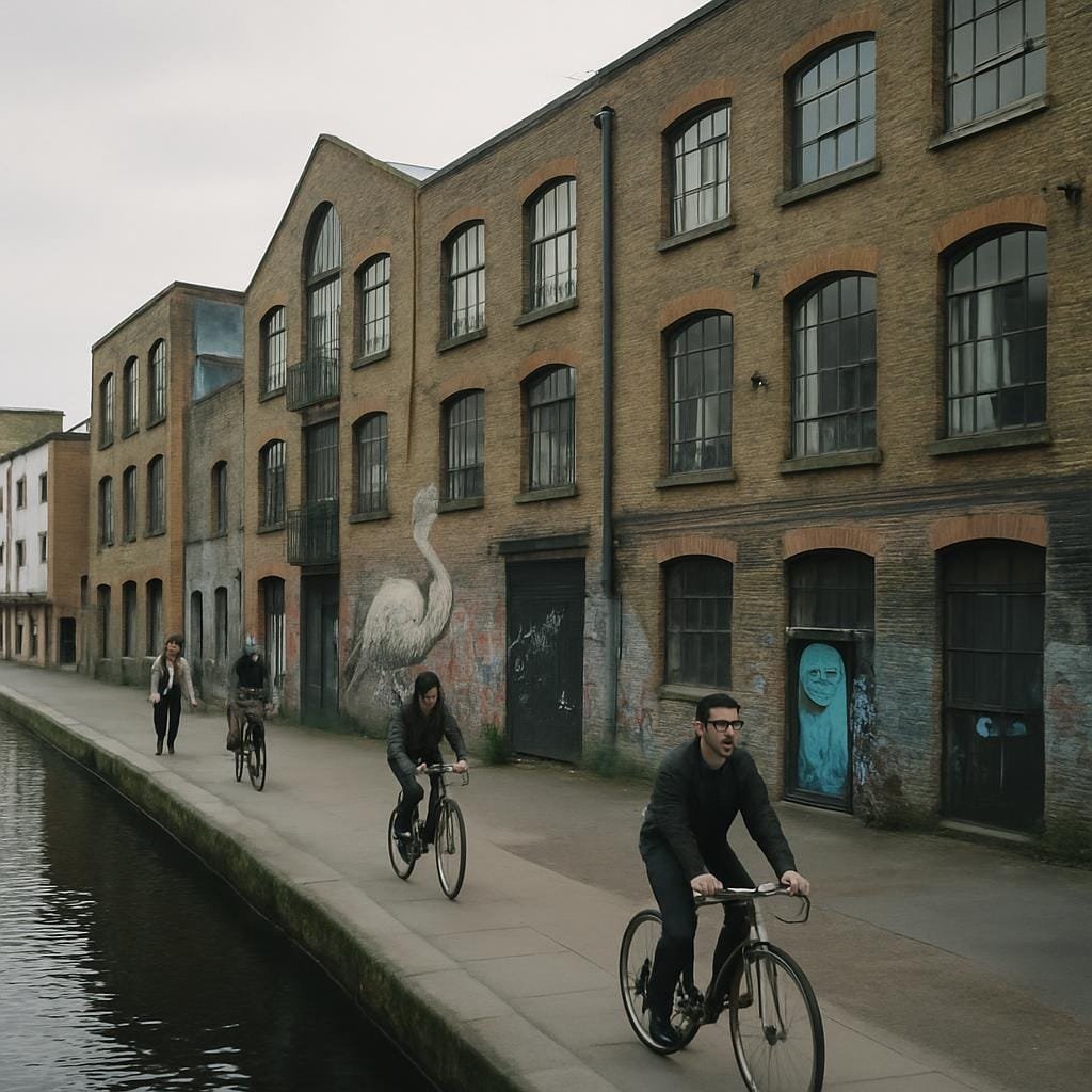 Cyclists and walkers along an East London canal beside old warehouses and street art