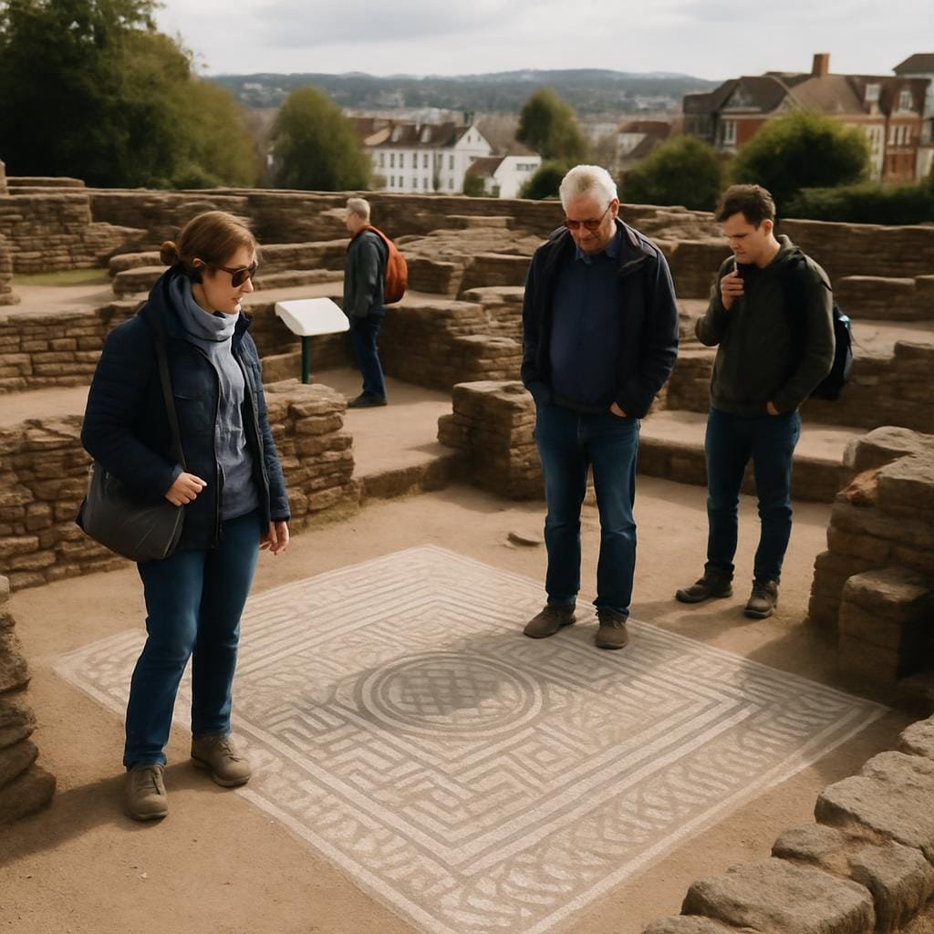 Square realistic editorial travel photo of visitors exploring the remains of a Roman townhouse in Caerleon or Chester, visible mosaic floor and stone walls, small group with audio guides, soft natural daylight, interpretive signs unobtrusive, UK urban backdrop in distance, no text, no logos, no watermarks
