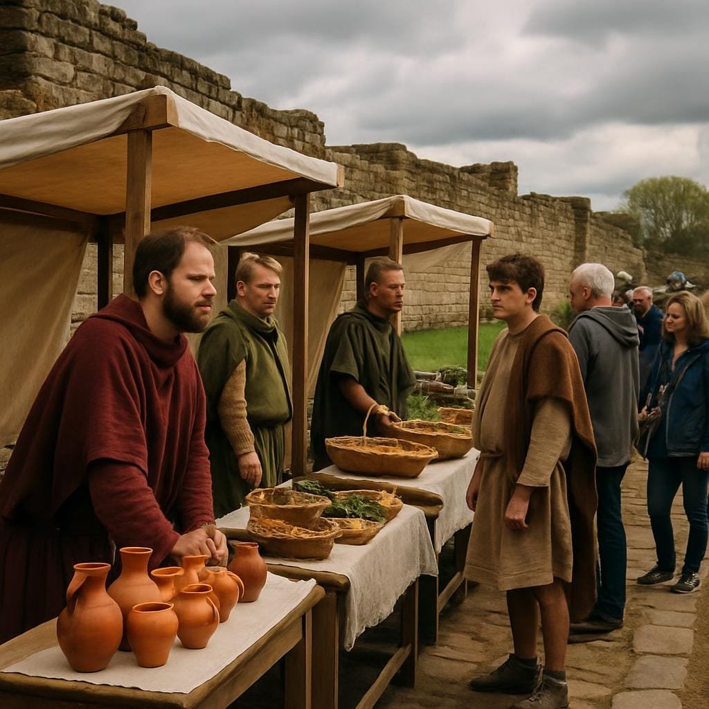 Square realistic editorial travel photo of a recreated Roman street market scene at a UK heritage site such as Vindolanda, costumed interpreters in tunics and cloaks, wooden stalls with pottery and food, stone fort walls behind, cloudy British sky, candid tourists observing, no text, no logos, no watermarks