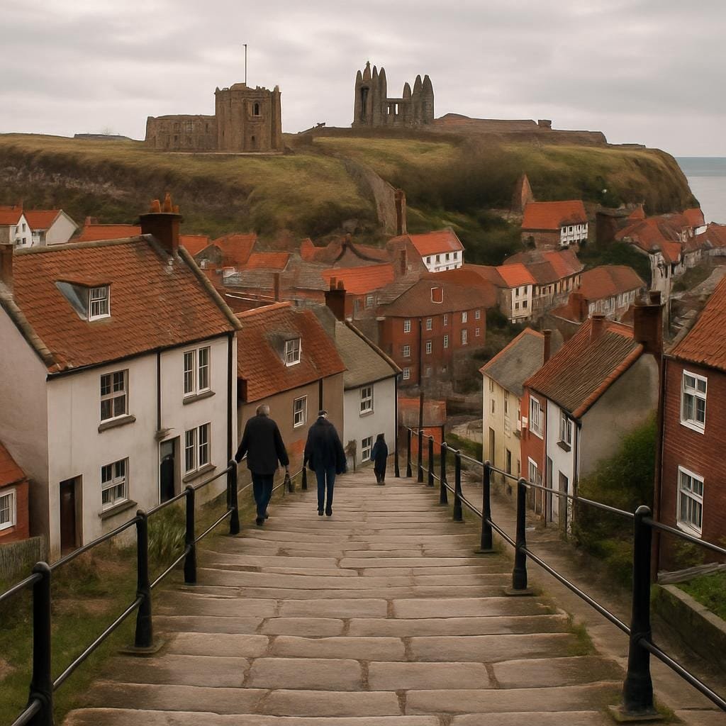 Square realistic editorial travel photograph of the 199 stone steps in Whitby leading up to St Mary’s Church and Whitby Abbey, worn stone steps with iron railings, traditional cottages on either side, soft overcast coastal light, a few people walking naturally, North Sea glimpses in the distance, no text, no logos, no watermarks.