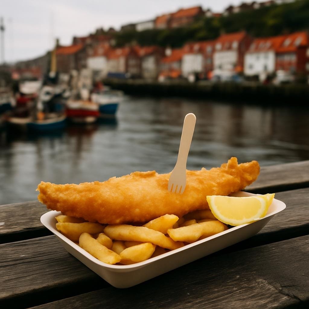 Square realistic editorial food and travel photograph of classic Whitby fish and chips served in a simple tray on a harbour-side bench, crispy battered fish, chunky chips, lemon wedge, wooden fork, blurred background of Whitby harbour with fishing boats and red-roofed buildings, natural daylight, no text, no logos, no watermarks.