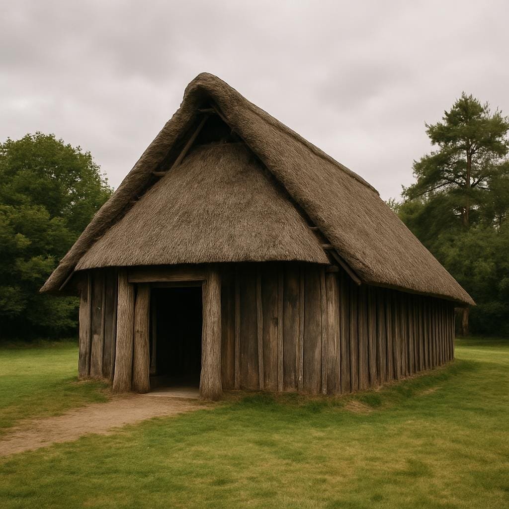 A timber Anglo-Saxon-style hall with a thatched roof set in a grassy clearing.