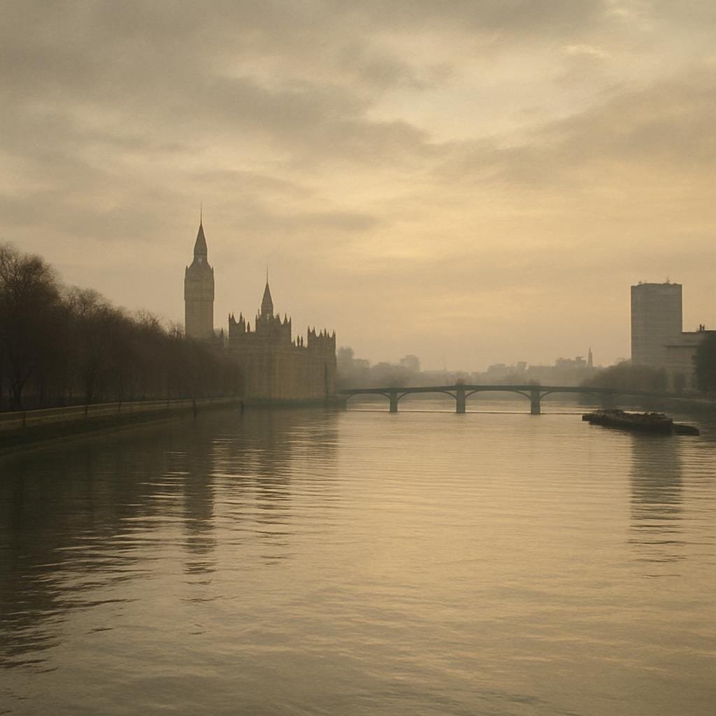 Early morning light over the River Thames with historic Westminster shoreline in the distance.