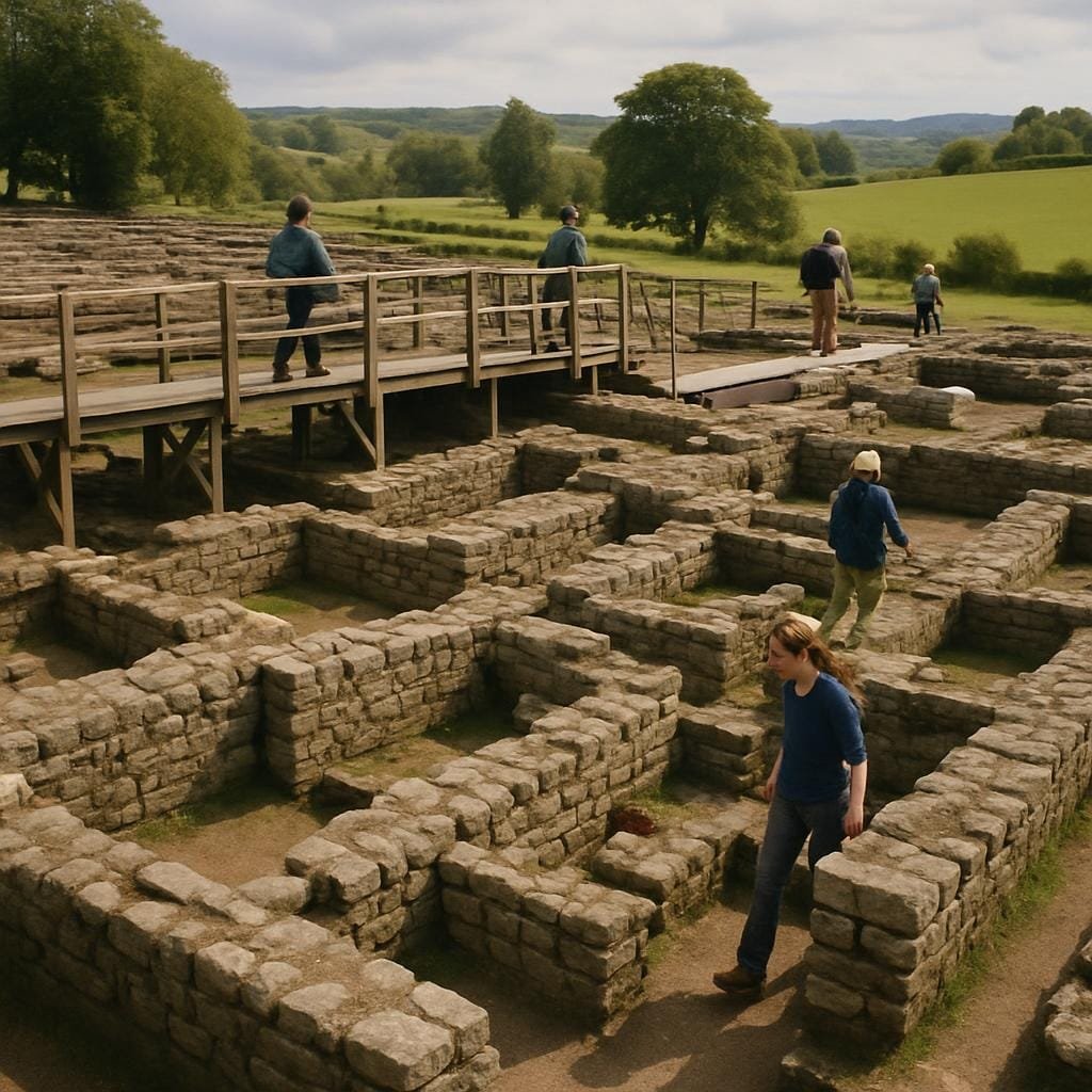 Visitors walking among the excavated stone remains at Vindolanda Roman fort