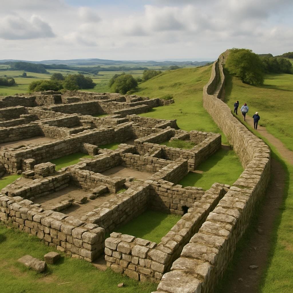 Tourists exploring the stone ruins of Housesteads Roman fort beside Hadrian's Wall