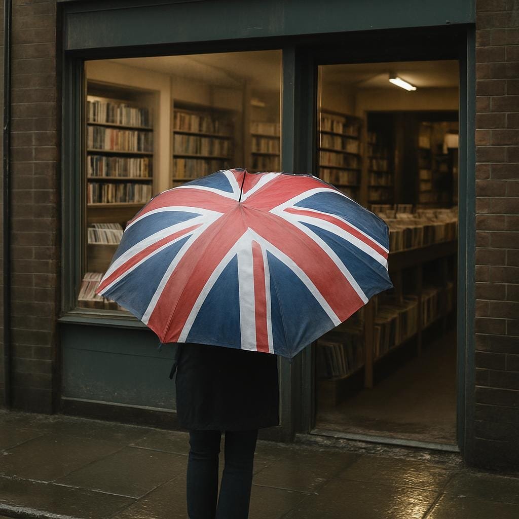 Independent record shop on a rainy Manchester street with pedestrians walking past