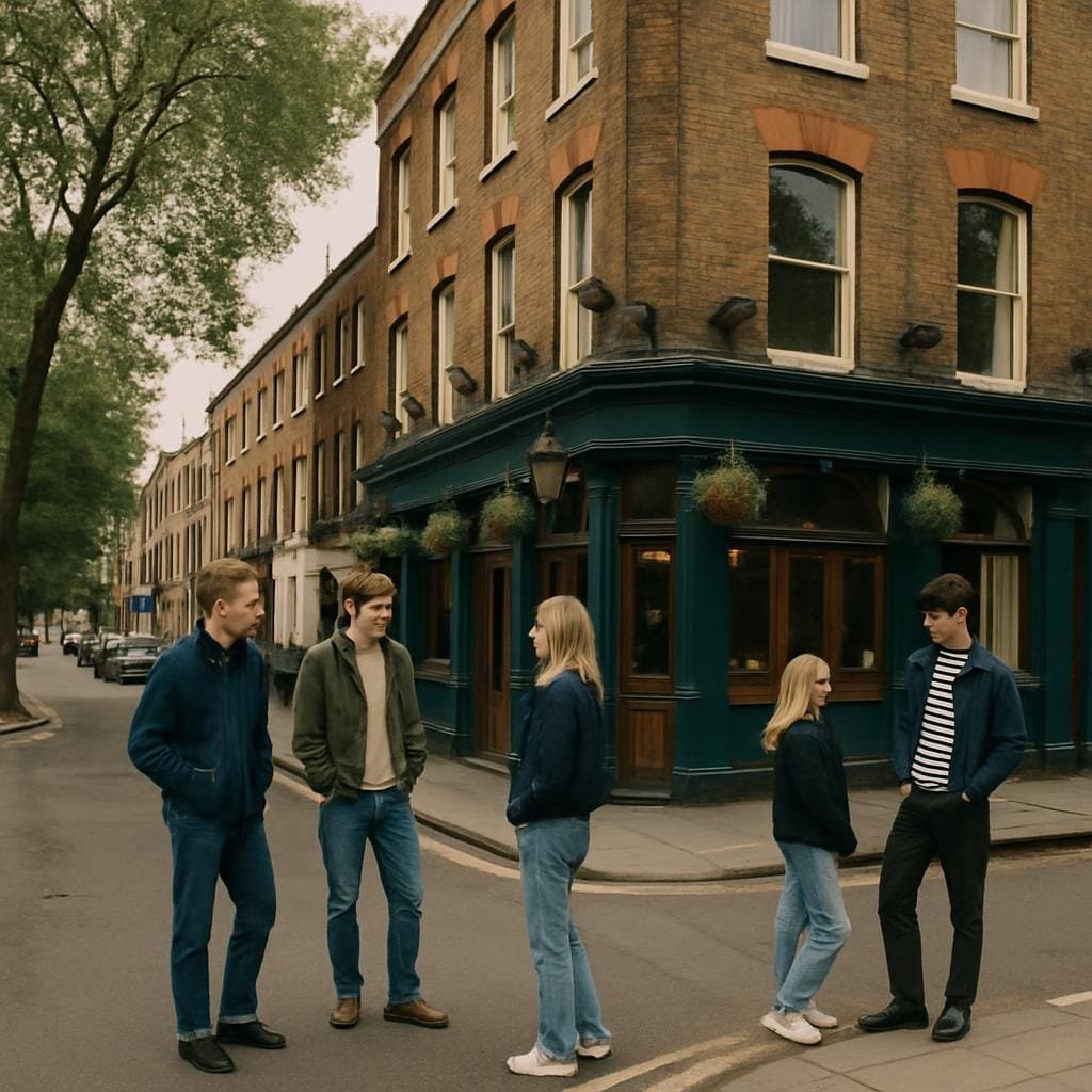 Leafy London street near a busy pub with people gathered outside