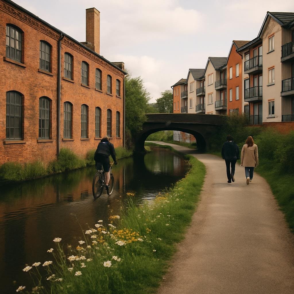 Urban canal towpath beside old factories and flats with walkers and a cyclist