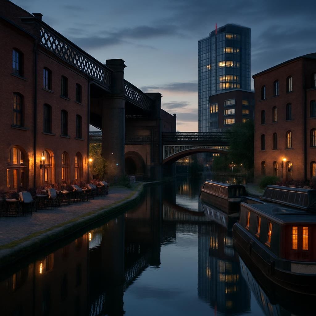 Former canal wharf with warehouses, bridges and lit narrowboats at dusk