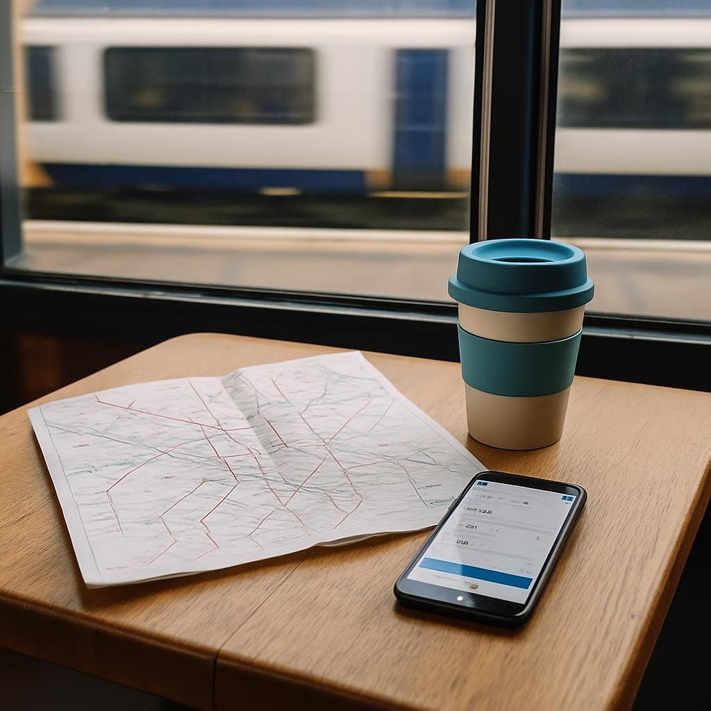 Rail map and phone journey planner on a café table in a British train station