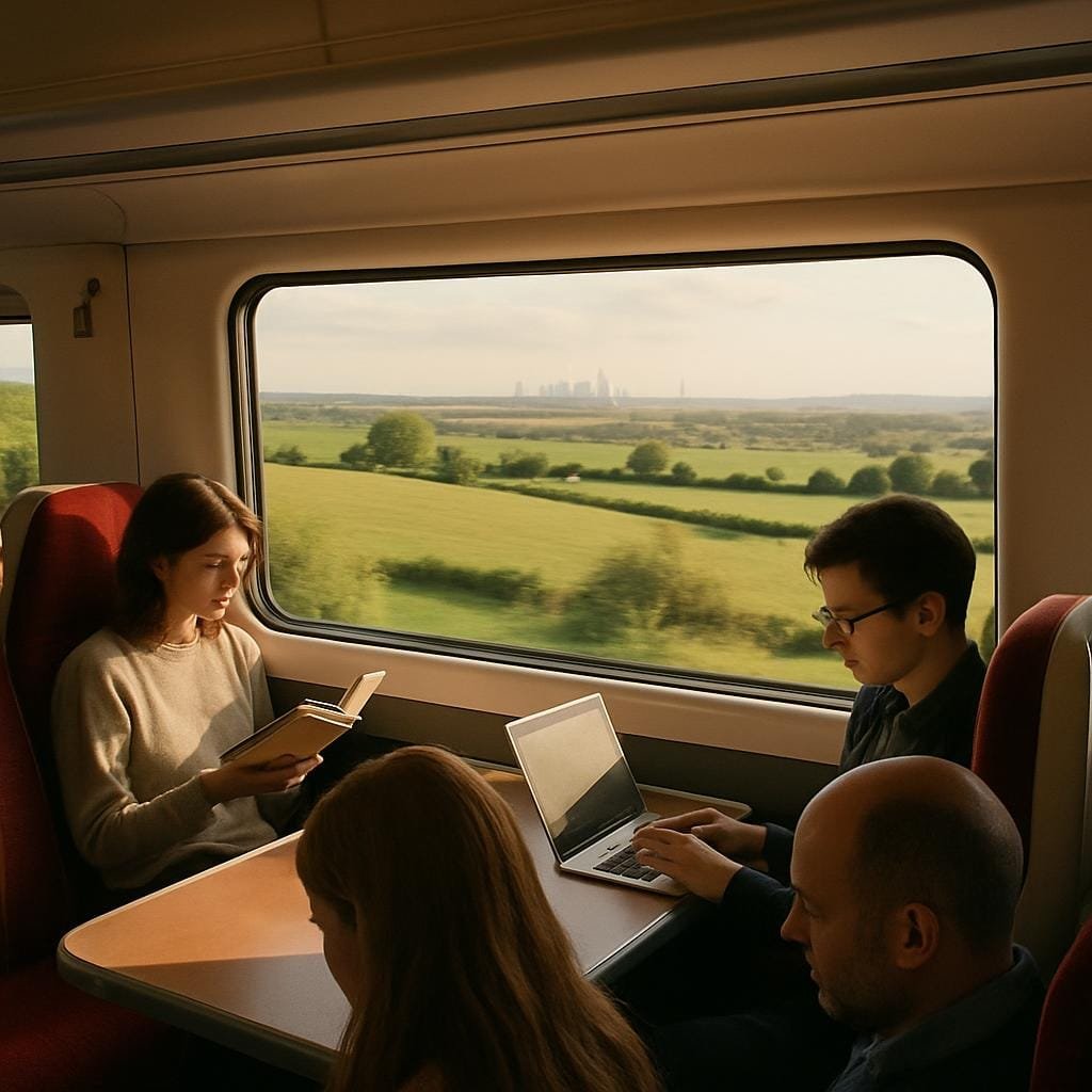 View from inside a UK train with passengers and landscape seen through the window