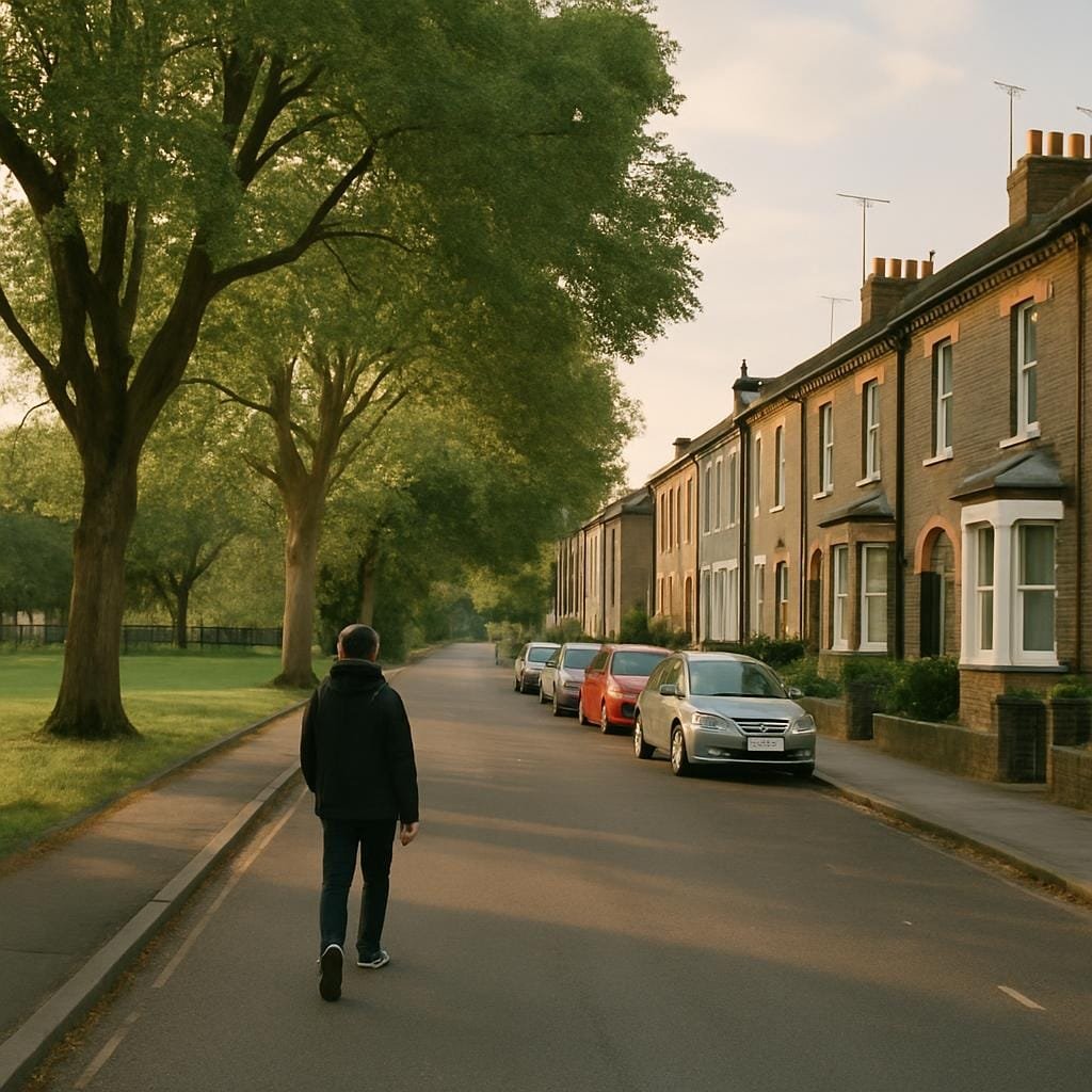 Quiet residential street in North London with trees and brick houses