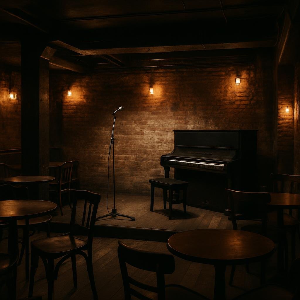 Small London music venue with a piano and microphone on a dimly lit stage