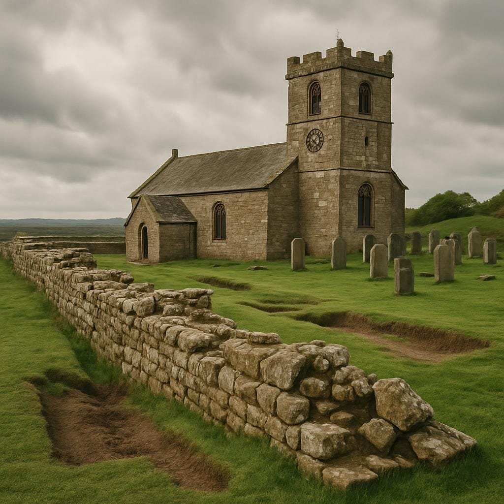 Rural stone church beside the remains of a Roman fort wall in the British countryside