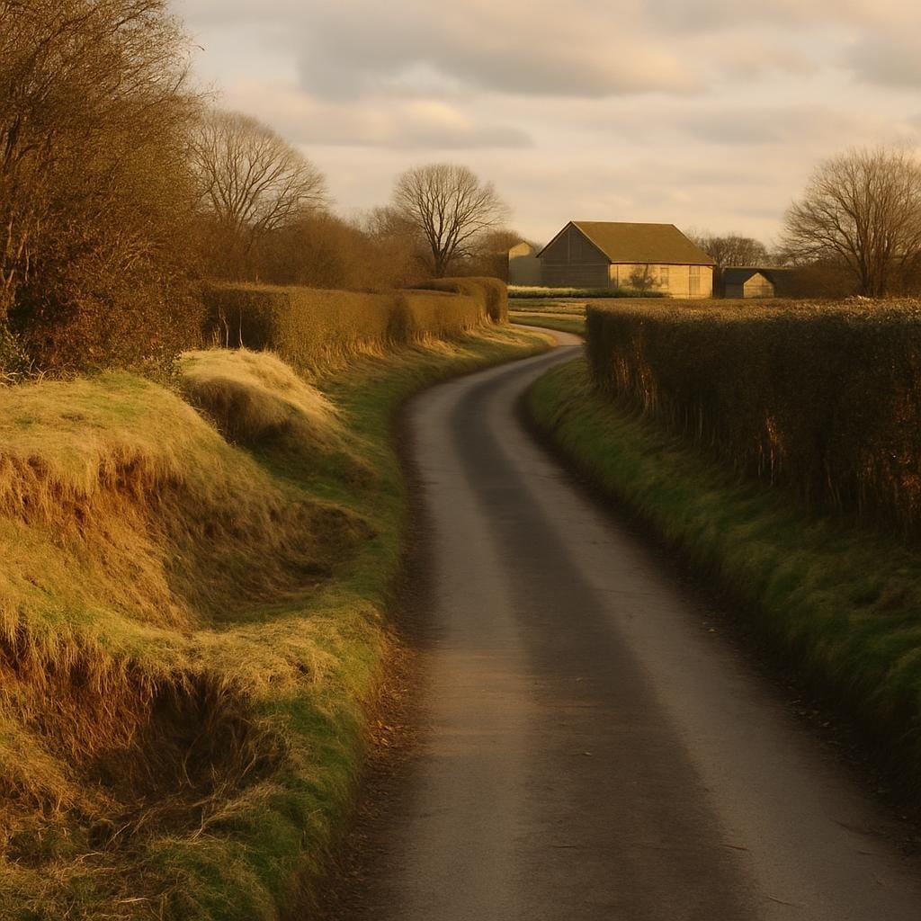 Hedged country lane passing low earth banks from an early medieval settlement