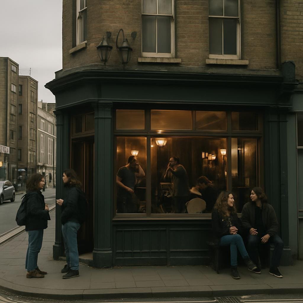 Camden pub with people gathered outside and musicians setting up inside