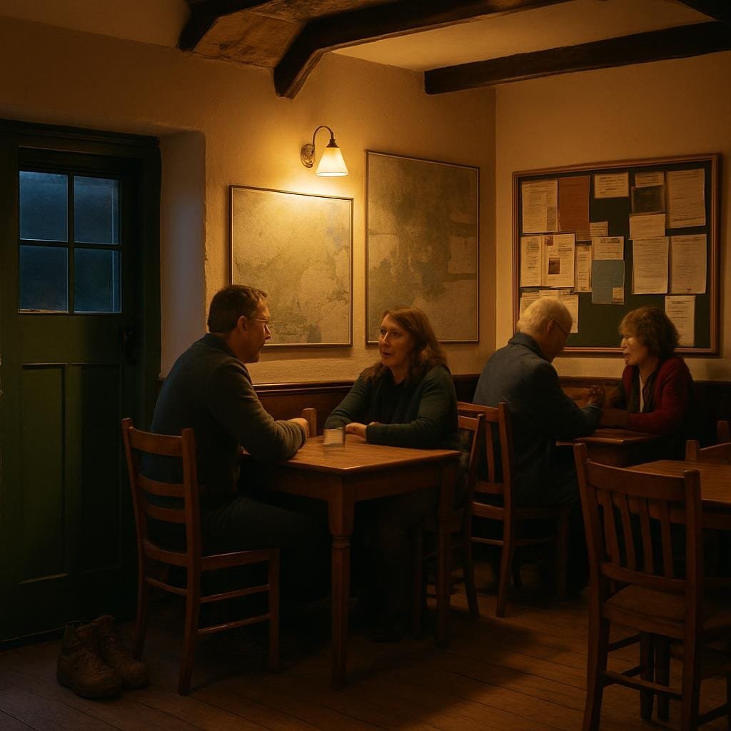 Locals talking inside a cosy Lake District village pub with walking boots by the door